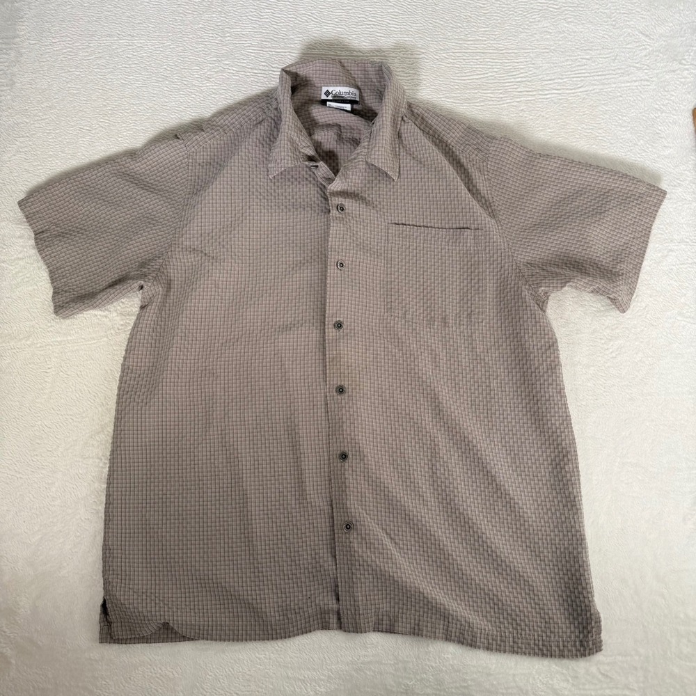Columbia Sportswear Top Mens XL Tan Plaid Button Up Short Sleeve Flaw *Read*